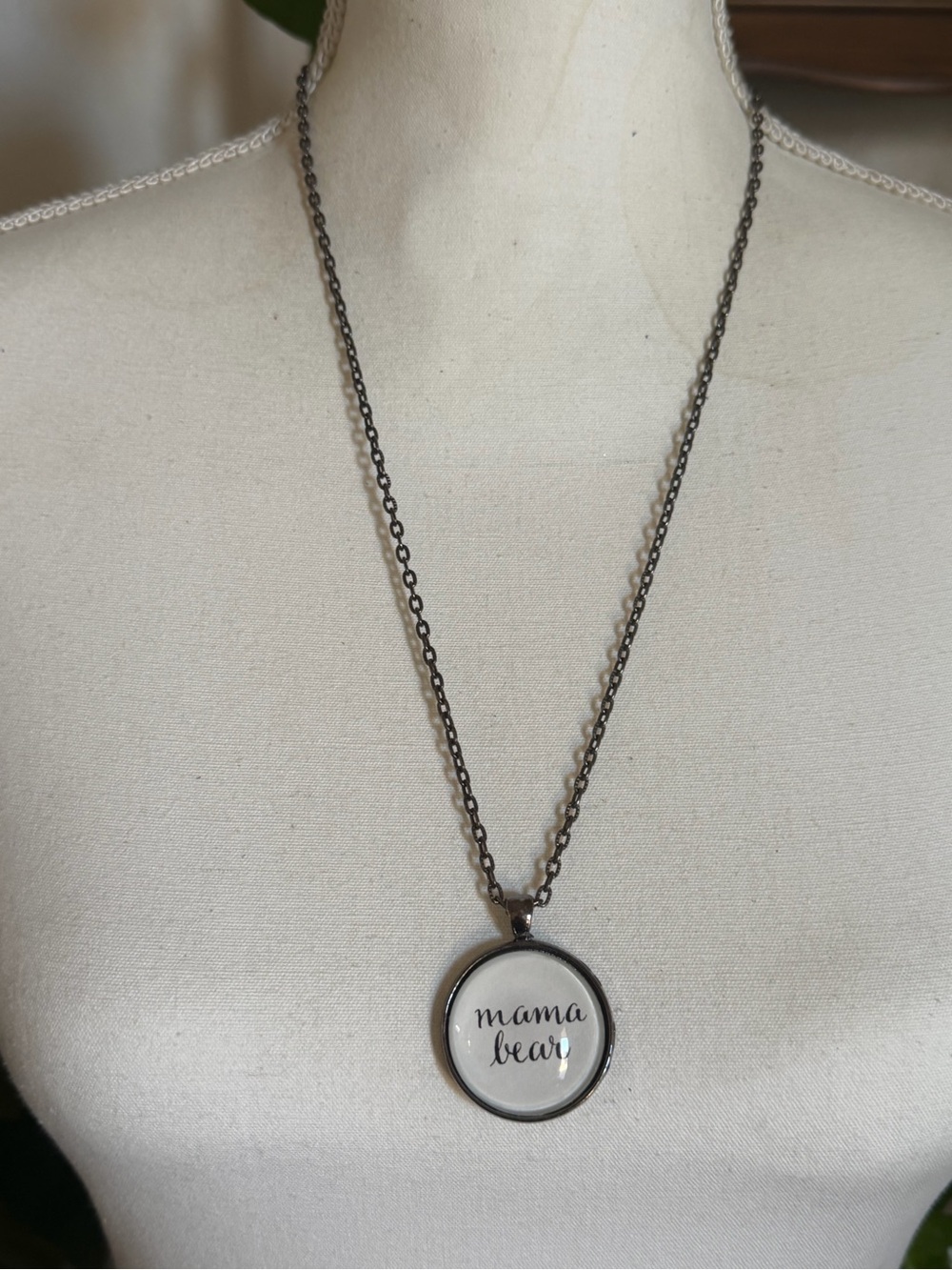 Vintage Mama Bear Round Bubble Pendant & Gunmetal Necklace